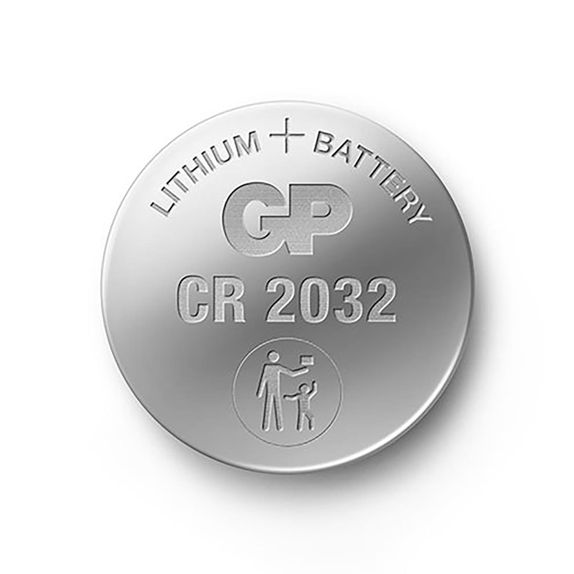GP Lithium CR2032 3V knappcellbatteri med text och symbol på metallisk yta