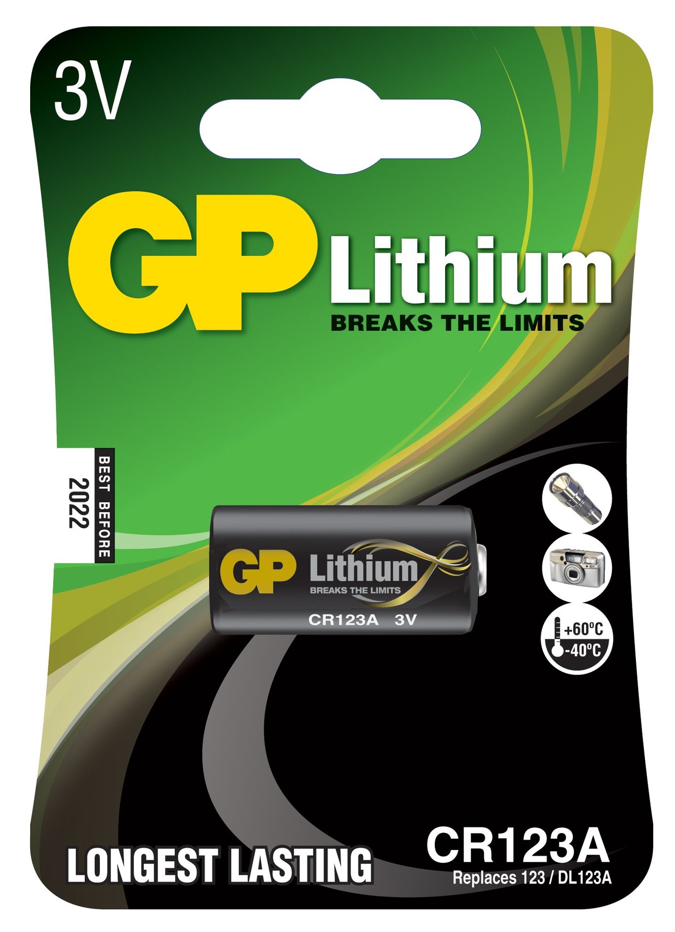 GP Lithium CR123A 3V batteri i förpackning med grönt och svart design