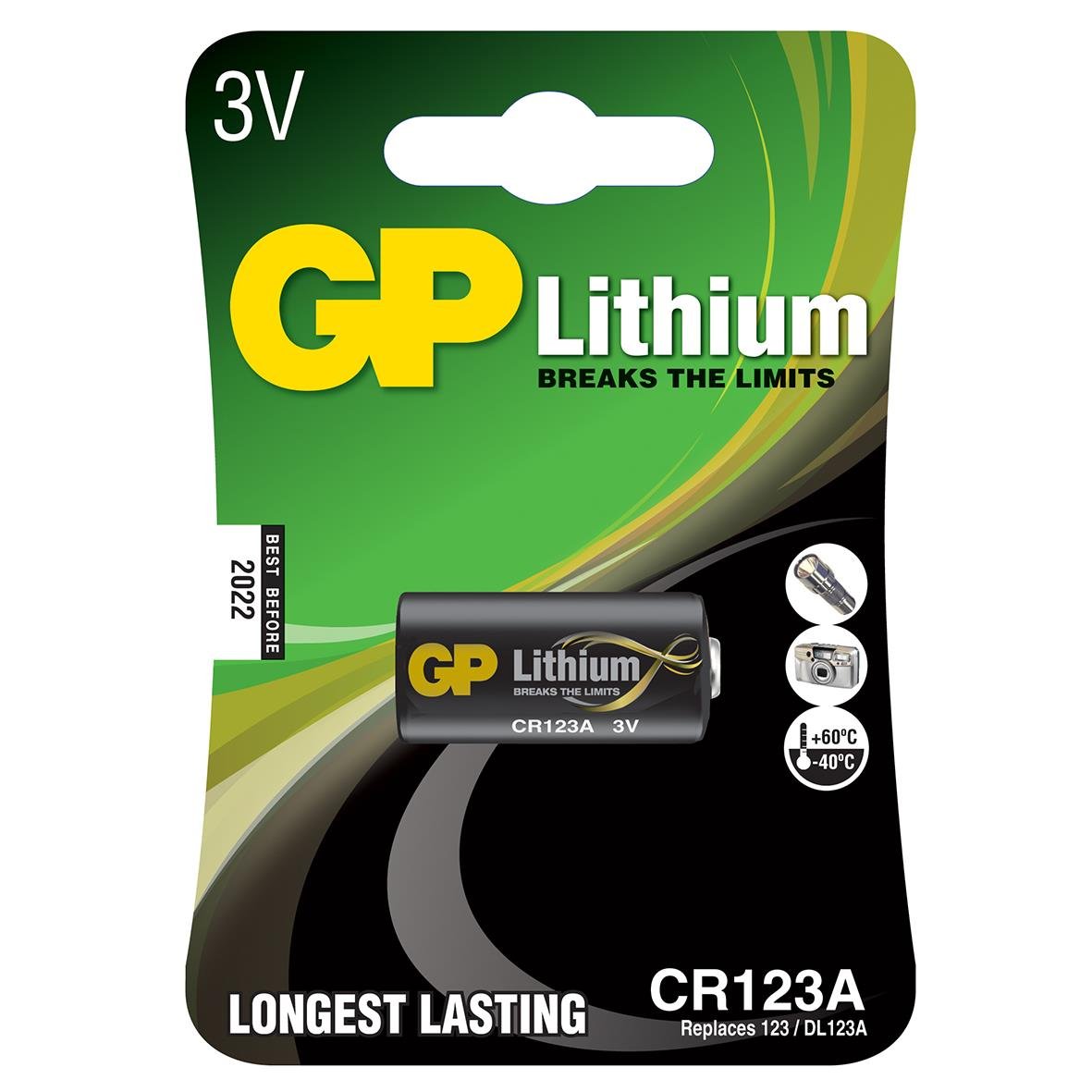 GP Lithium CR123A 3V batteri i förpackning med grönt och svart design