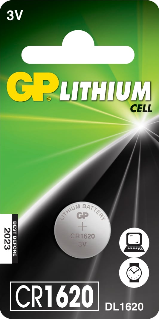 GP Lithium knappladdning CR1620 3V batteri i grönt och svart för små elektroniska enheter