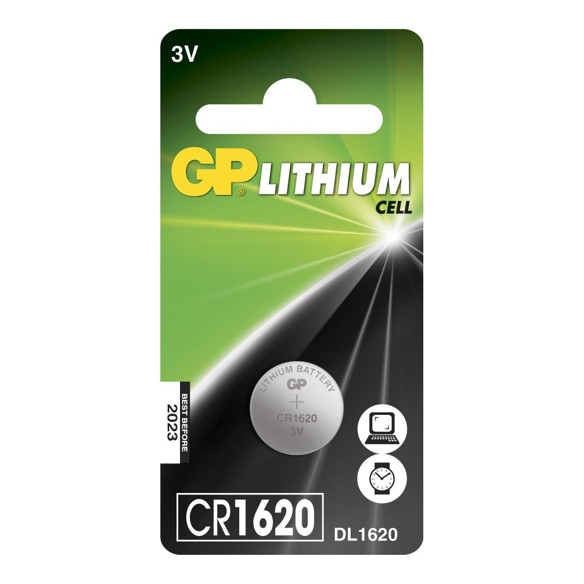 GP Lithium knappladdning CR1620 3V batteri i grönt och svart för små elektroniska enheter