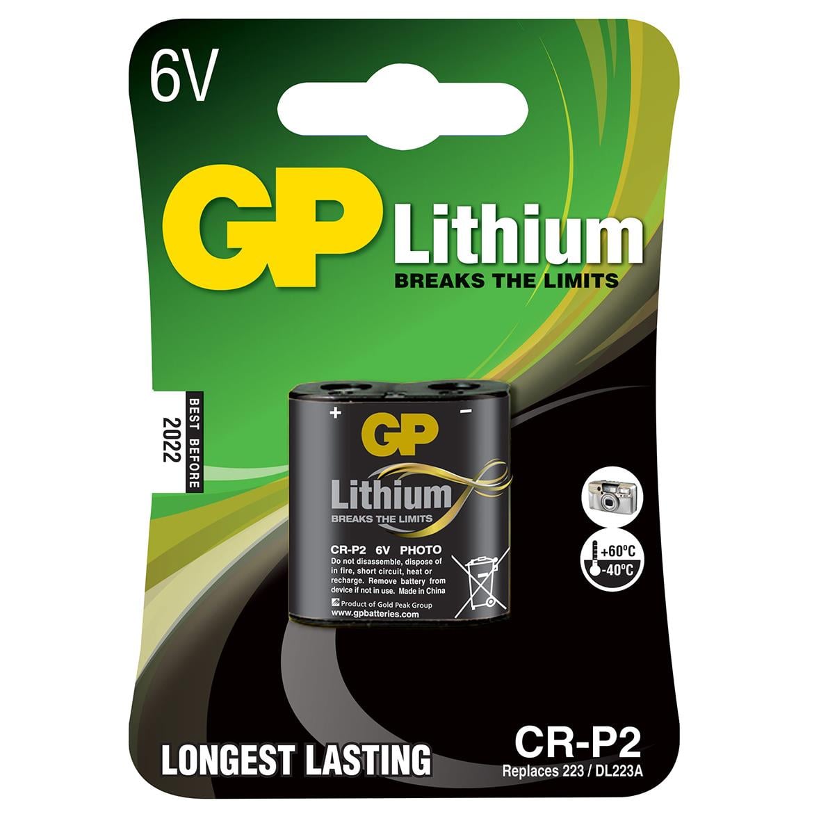 Fotobatteri GP CR P2 6V Lithium, långvarig, ersätter 223/DL223A, för fotoapparater, hållbar och pålitlig