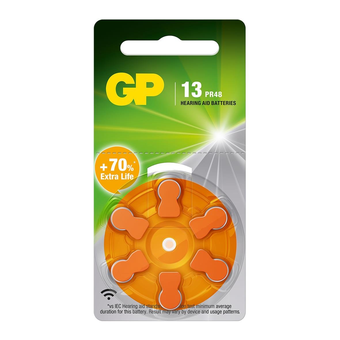 Hörapparatsbatteri GP ZA 13/PR48 i förpackning med grönt och orange design, visar att det ger 70% extra livslängd