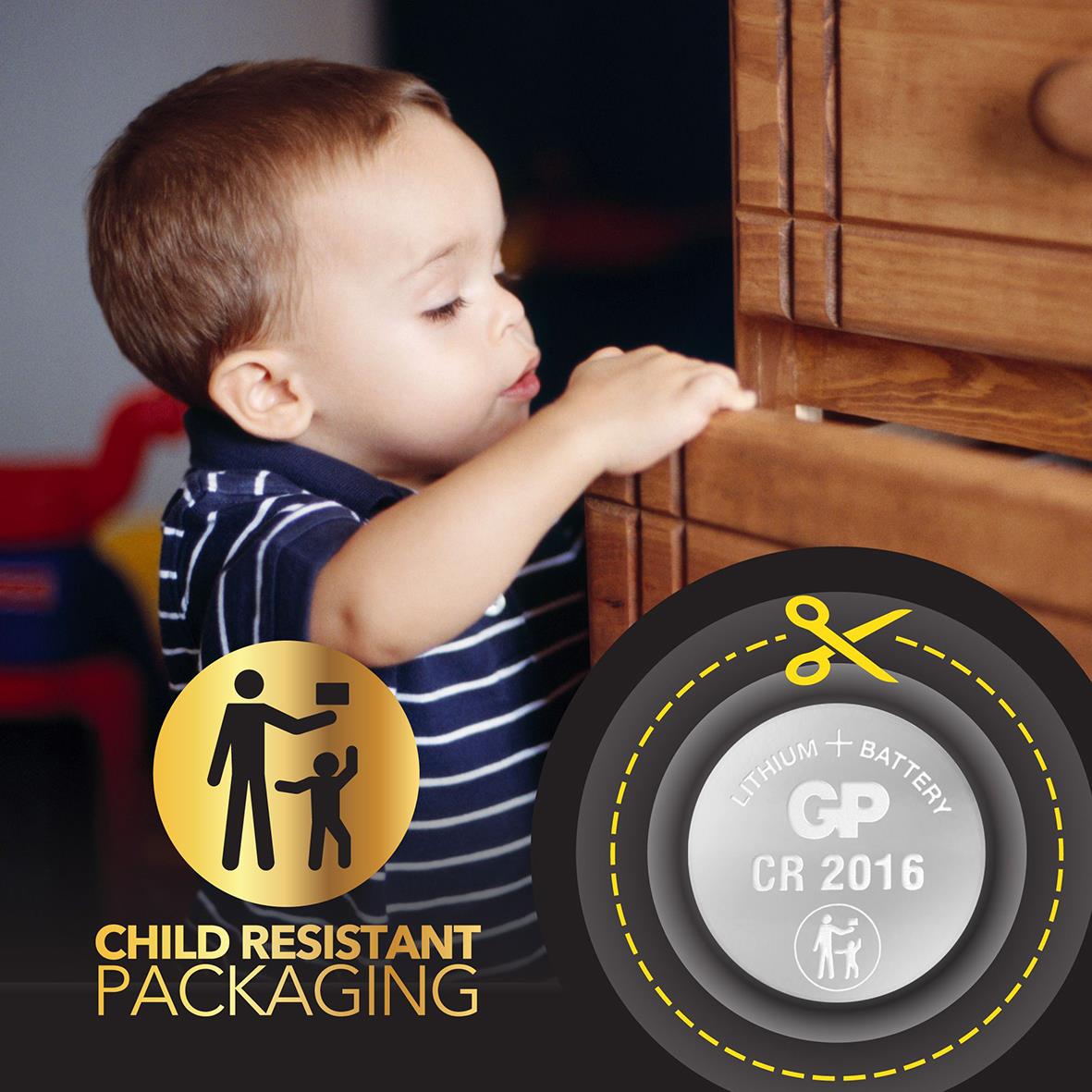 Barn som leker nära en batteriförpackning CR2450 3V, barnresistent förpackning