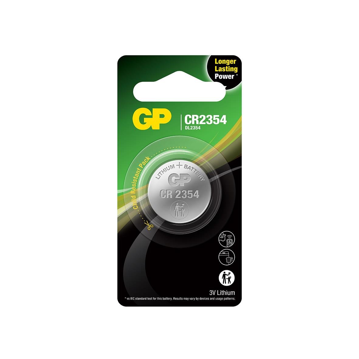 Knappcellsbatteri GP Lithium CR2354 i förpackning med grönt och svart design