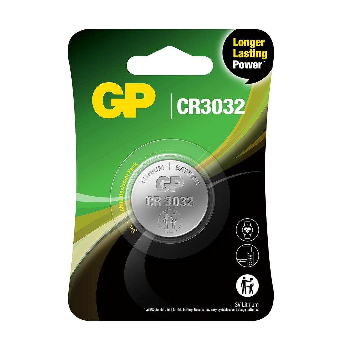 GP Lithium CR3032 knappcellsbatteri i plastförpackning med grönt och svart design