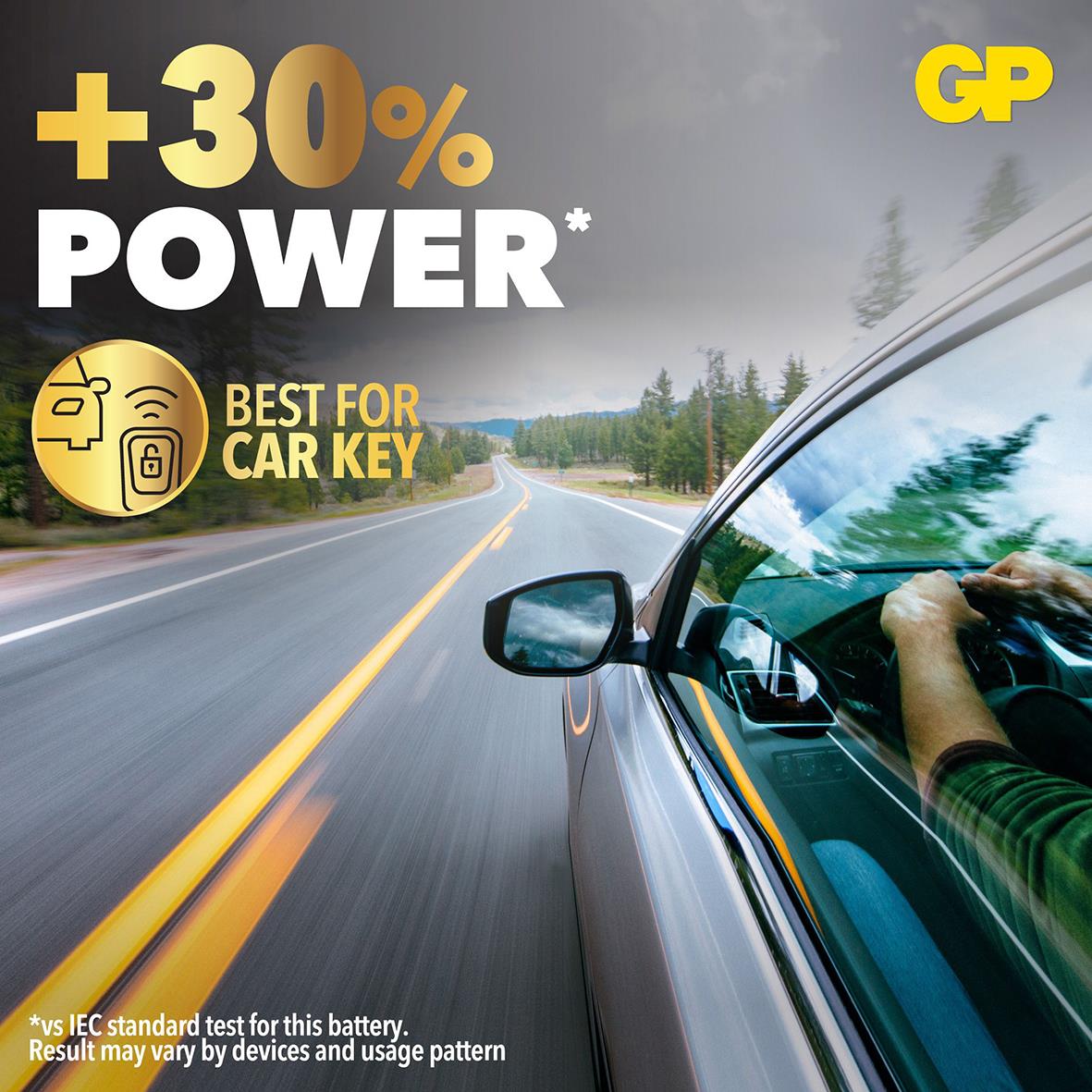 GP Lithium CR2325 knappcellsbatteri för bilnyckel med +30% kraft, snabb körning på väg i bakgrunden