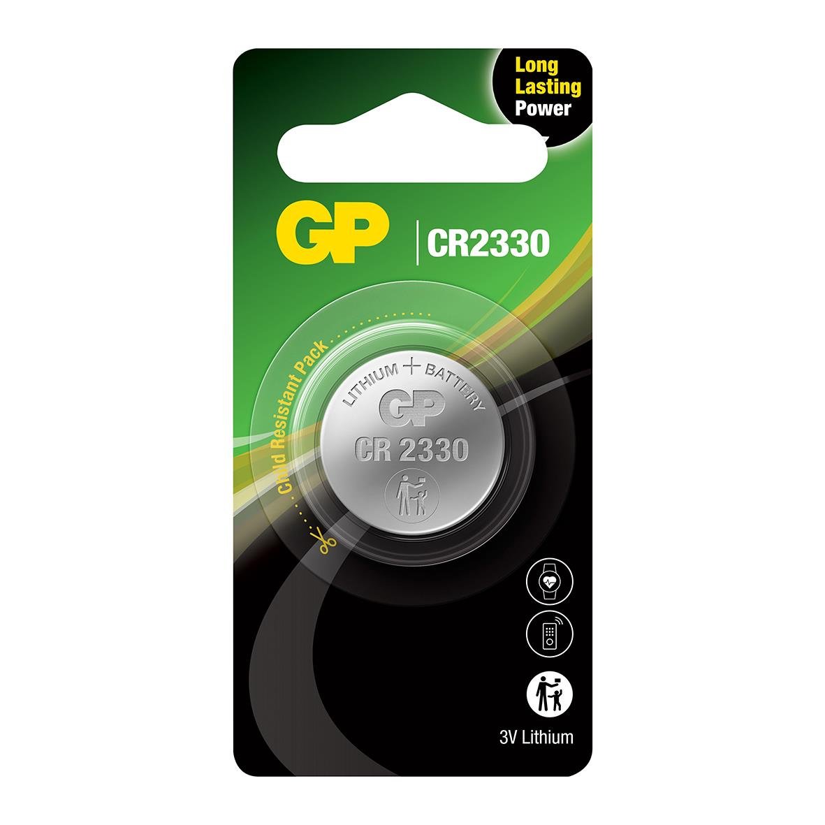 Knappcellsbatteri GP Lithium CR2330 i förpackning med grönt och svart design och text Long Lasting Power