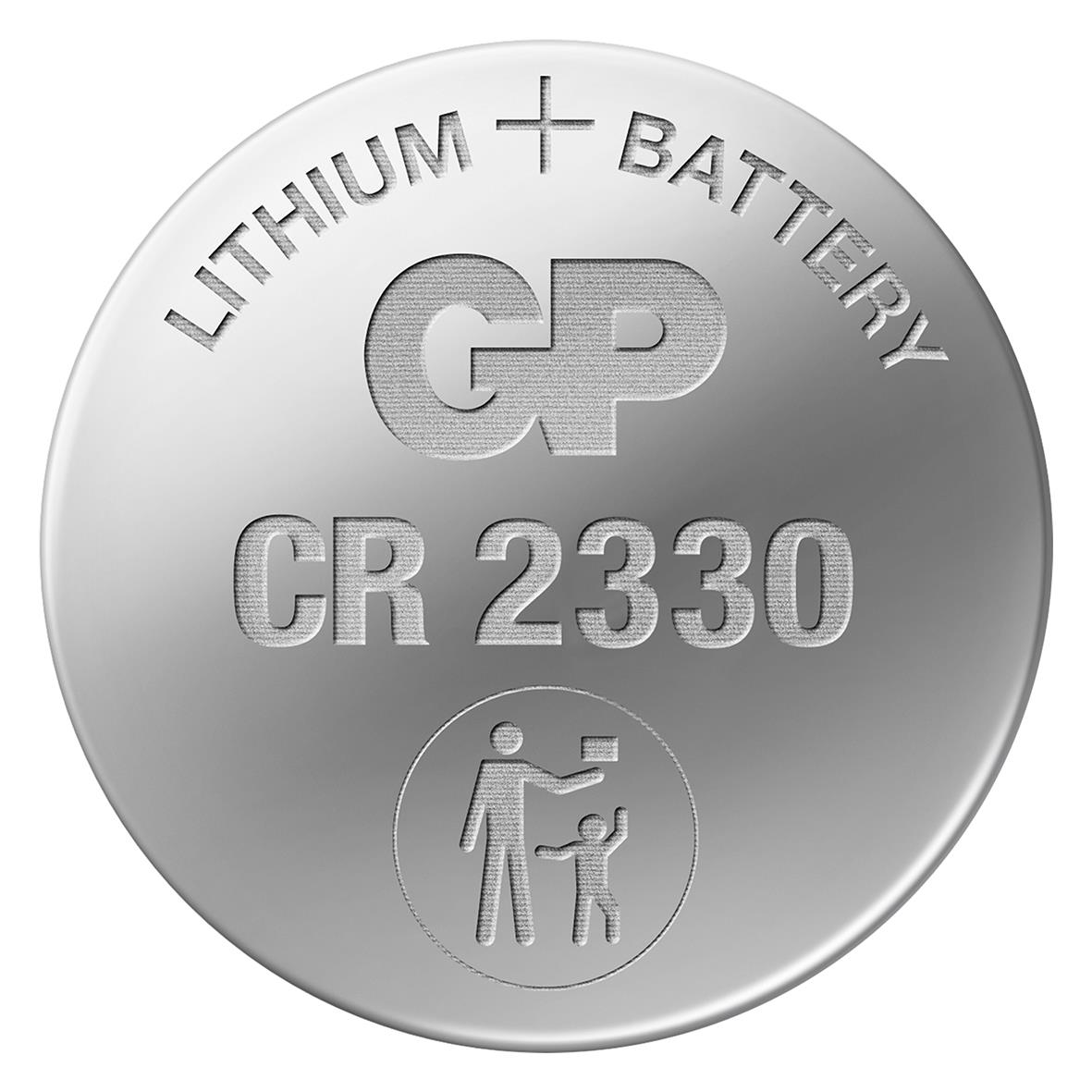 Knappcellsbatteri GP Lithium CR2330 med text och symboler på metallisk yta