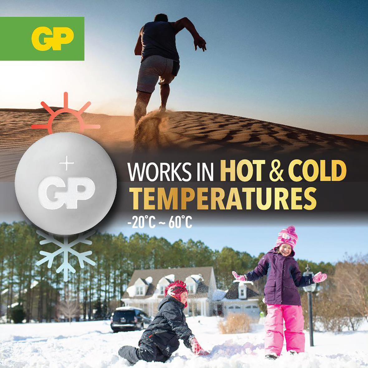 GP Lithium CR2320 knappcellsbatteri fungerar i varma och kalla temperaturer -20°C till 60°C