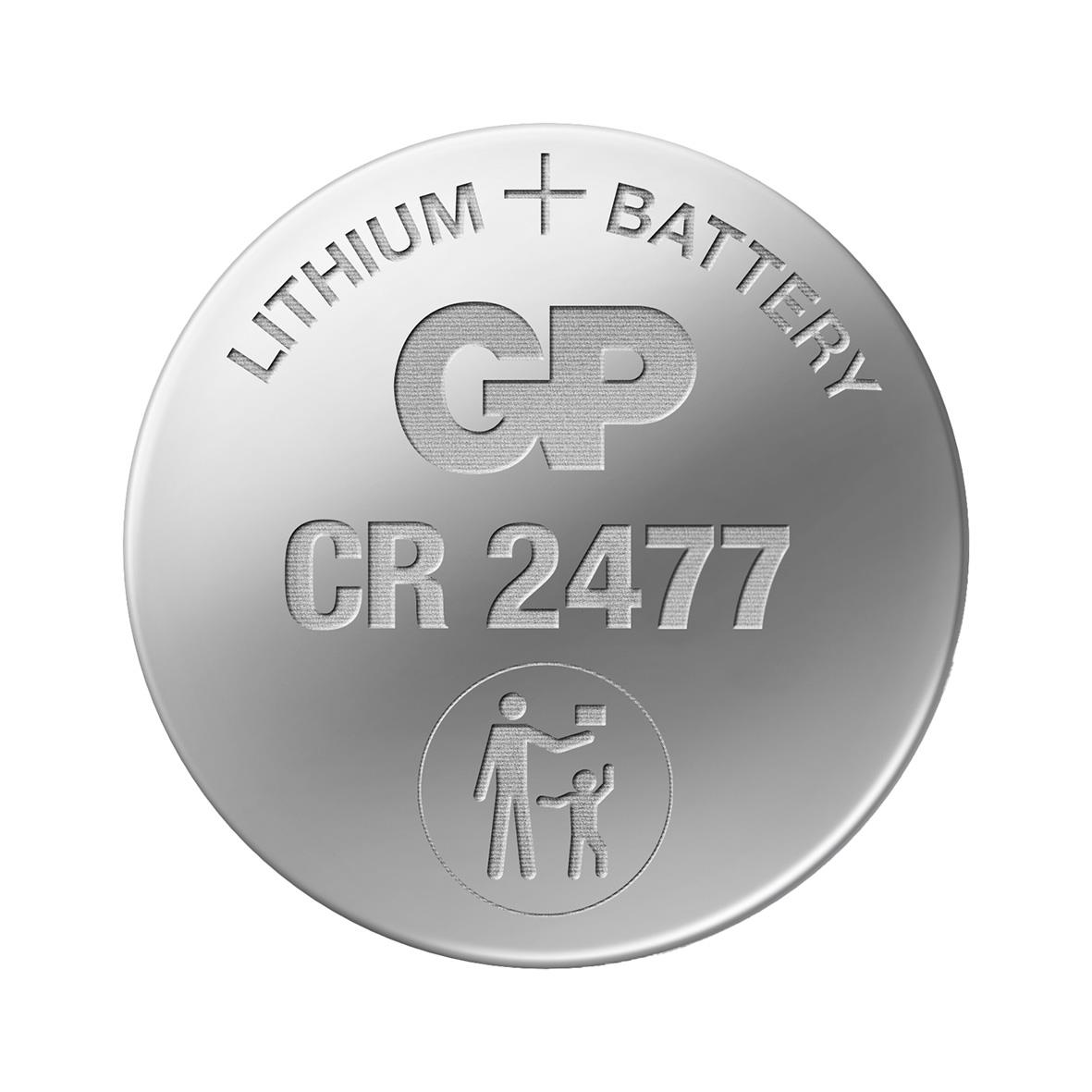GP Lithium CR2477 knappcellsbatteri i metallhölje med text och symbol
