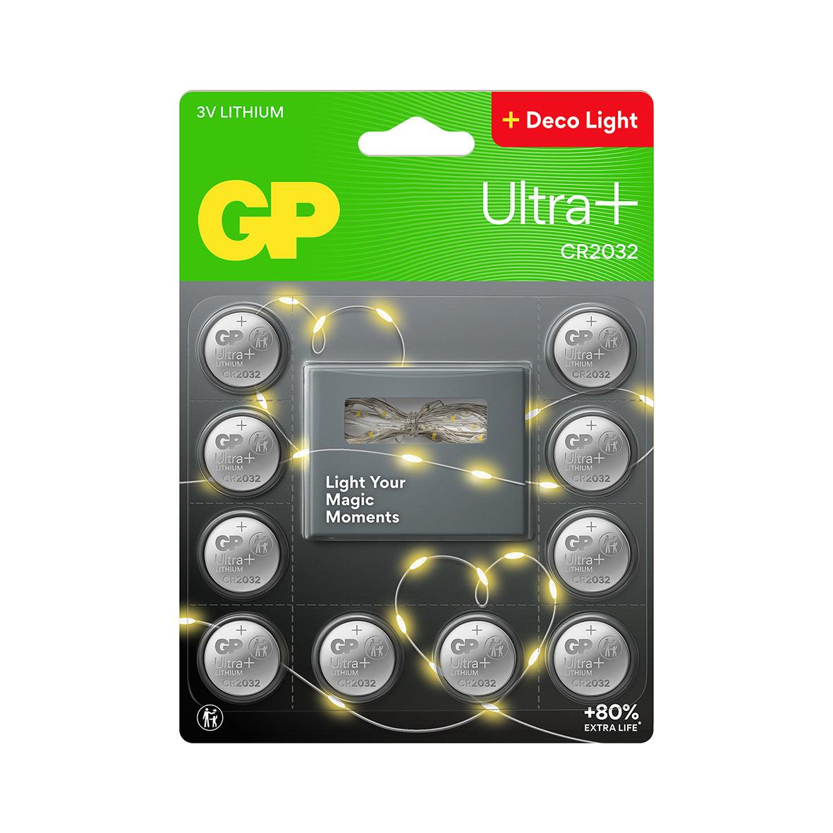 Knappcellsbatteri GP Ultra+ Lithium CR2032 med 2m ljusslinga