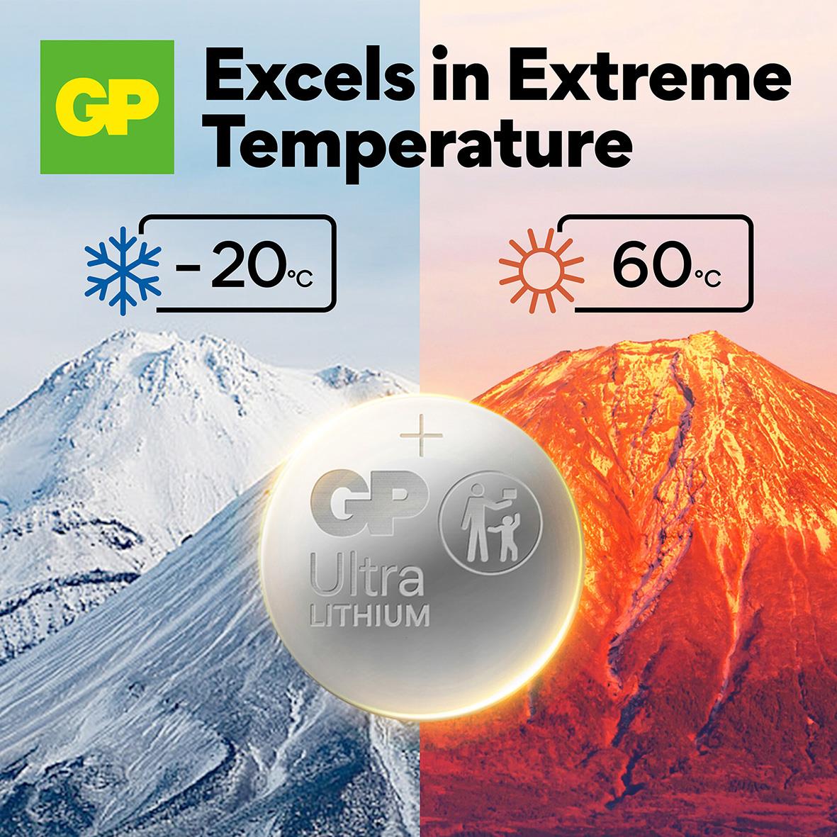 GP Ultra Lithium CR2025 3V knappcellsbatteri visar extremtemperaturer -20°C till 60°C med snö och vulkan i bakgrunden