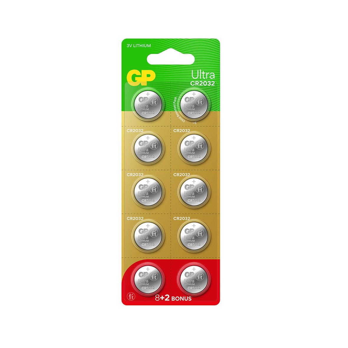 Pack med åtta GP Ultra Lithium CR2032 3V knappcellsbatterier