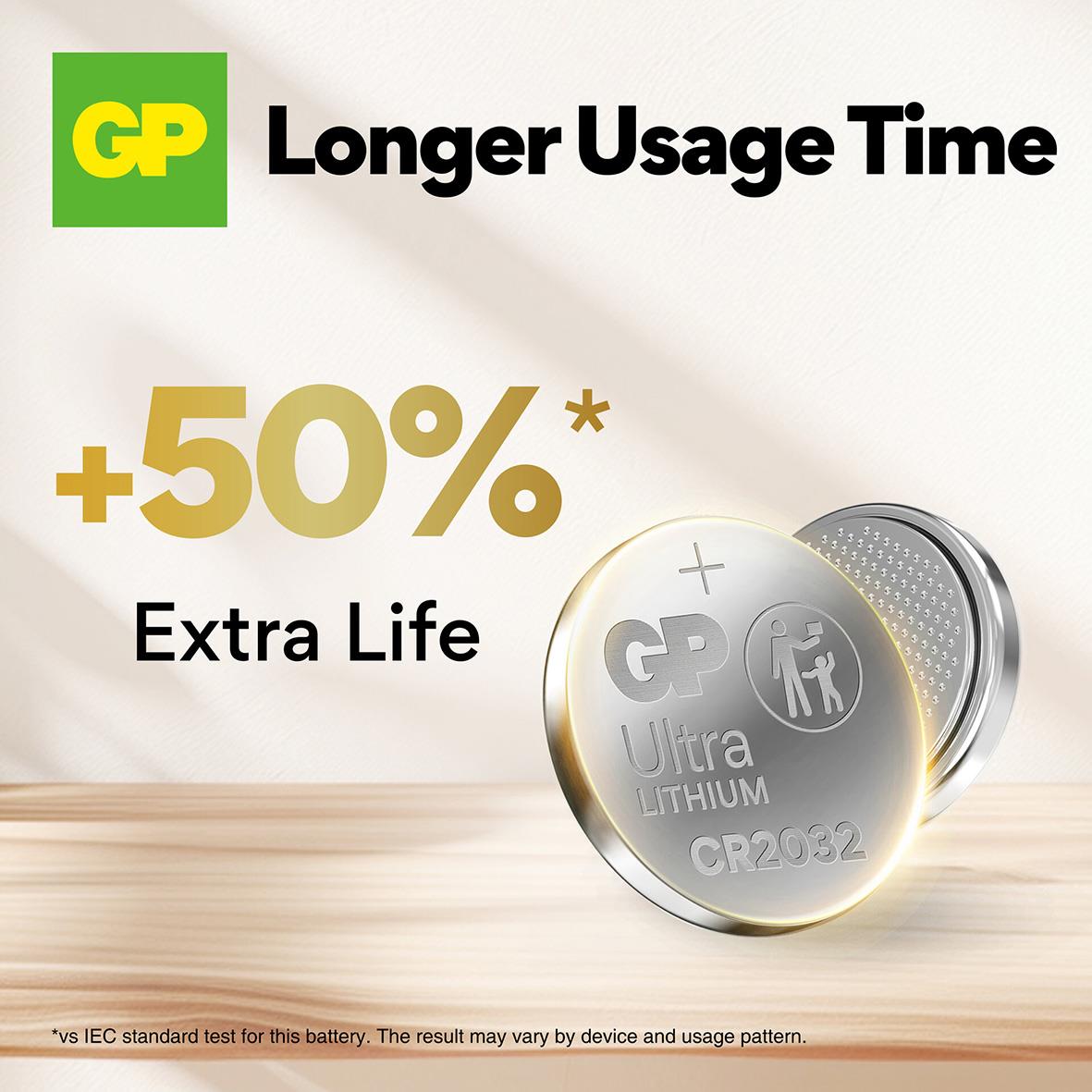 GP Ultra Lithium CR2032 3V knappcellsbatteri med 50% längre livslängd