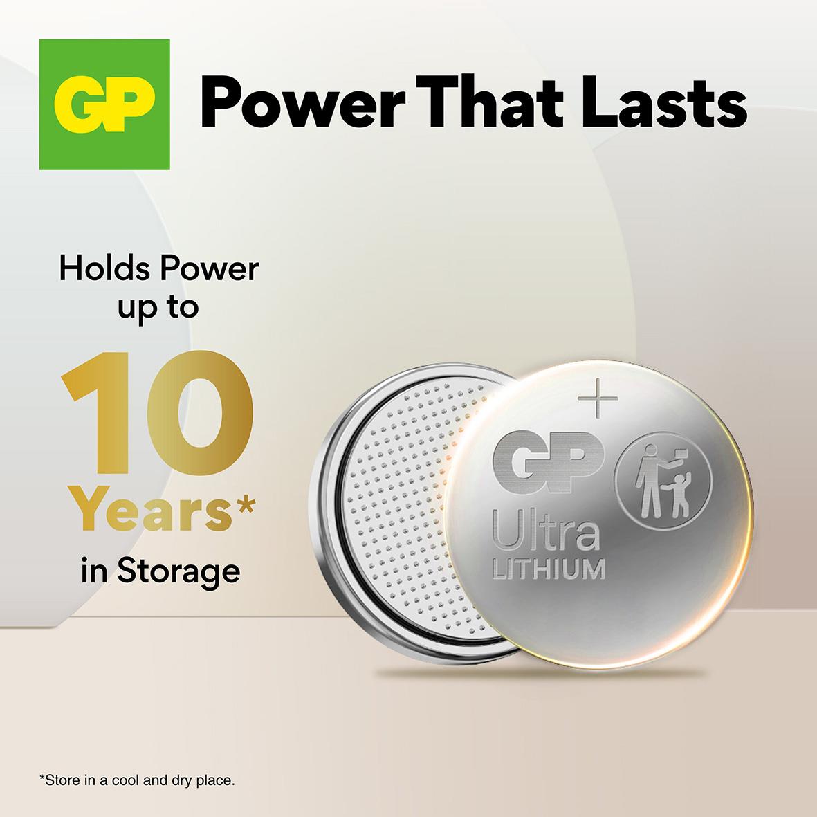 GP Ultra Lithium CR2032 3V knappcellsbatteri med texten Power That Lasts och symboler för 10 års lagring