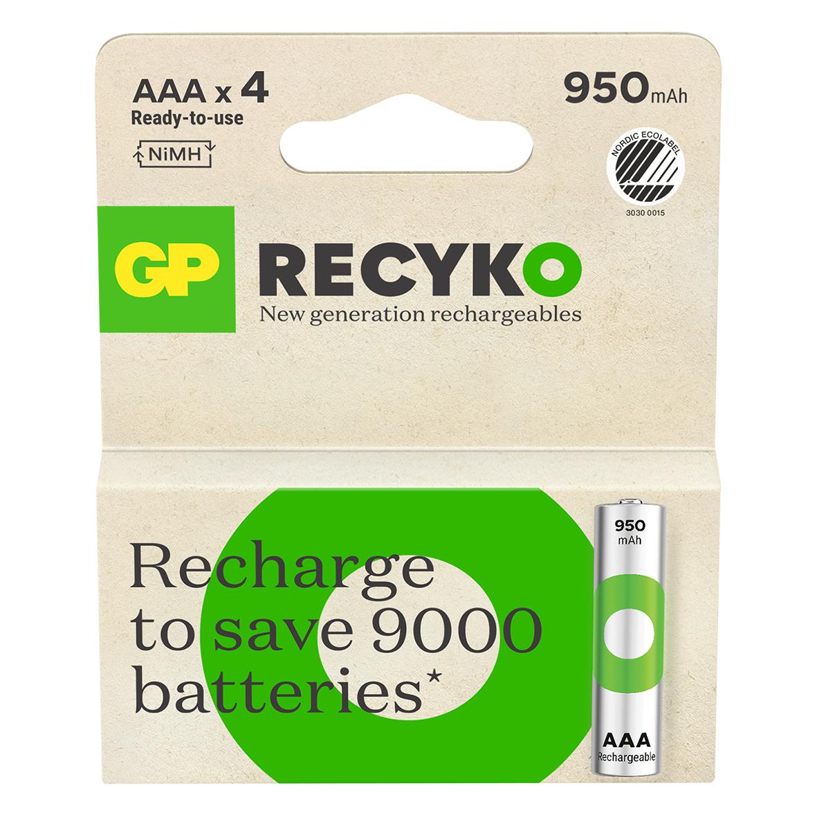 Batteri GP Recyko laddningsbart AAA 950mAh, 4-pack, grönt och vitt förpackningsdesign