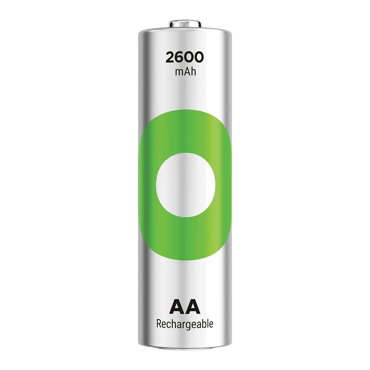 Batteri GP Recyko laddningsbart AA 2600mAh, silverfärgat med grönt cirkelmönster och kapacitet 2600 mAh
