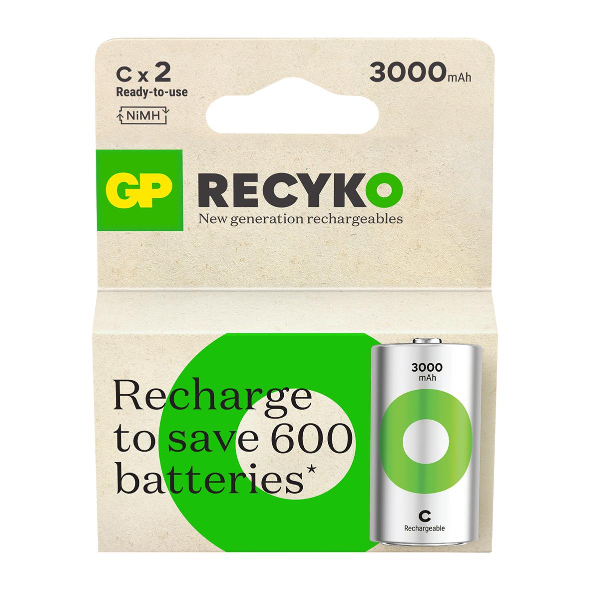 Batteri GP Recyko laddningsbart C 3000mAh, förvaringsförpackning med grönt och vitt design
