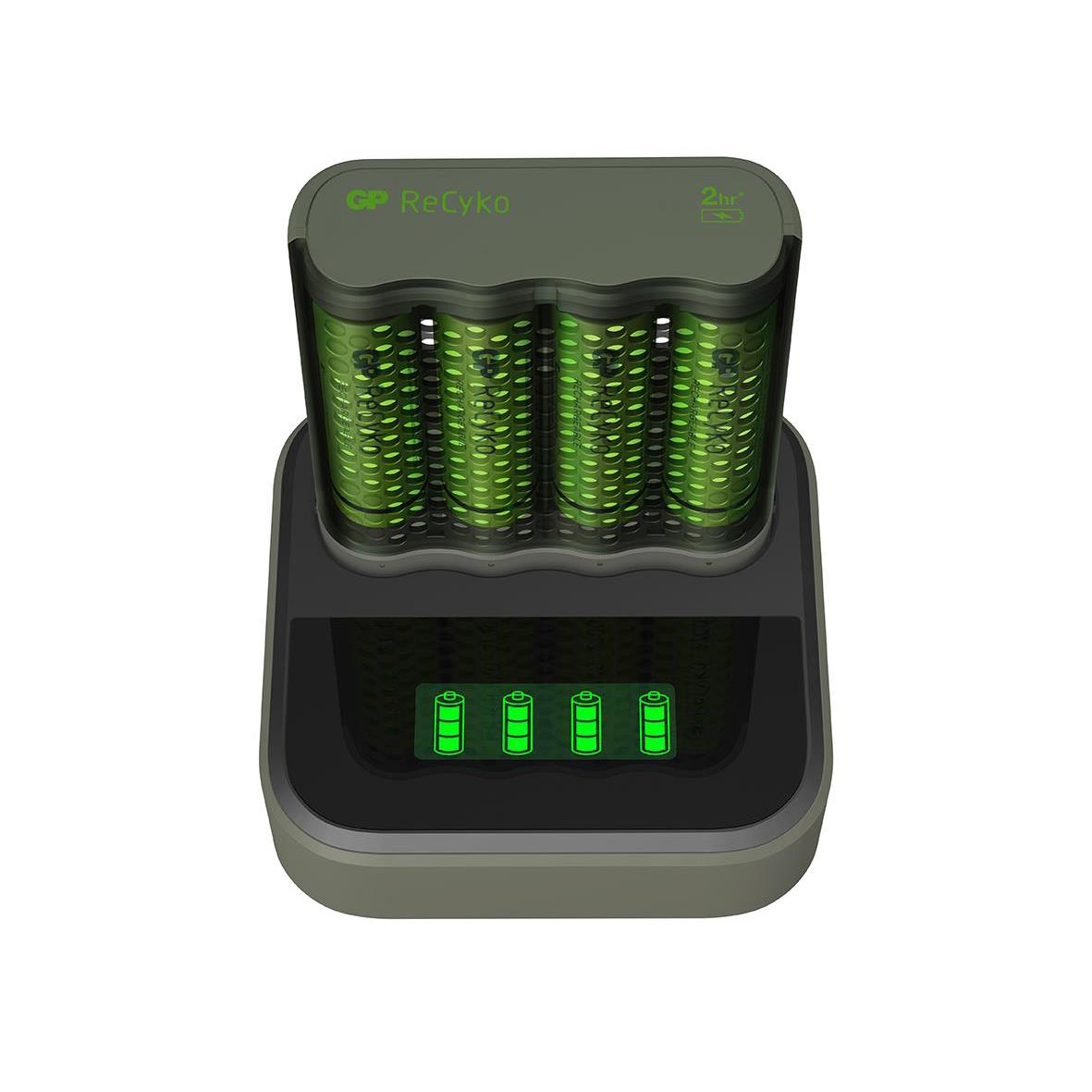 Batteriladdare GP ReCyko med laddningsdocka och fyra AA-batterier