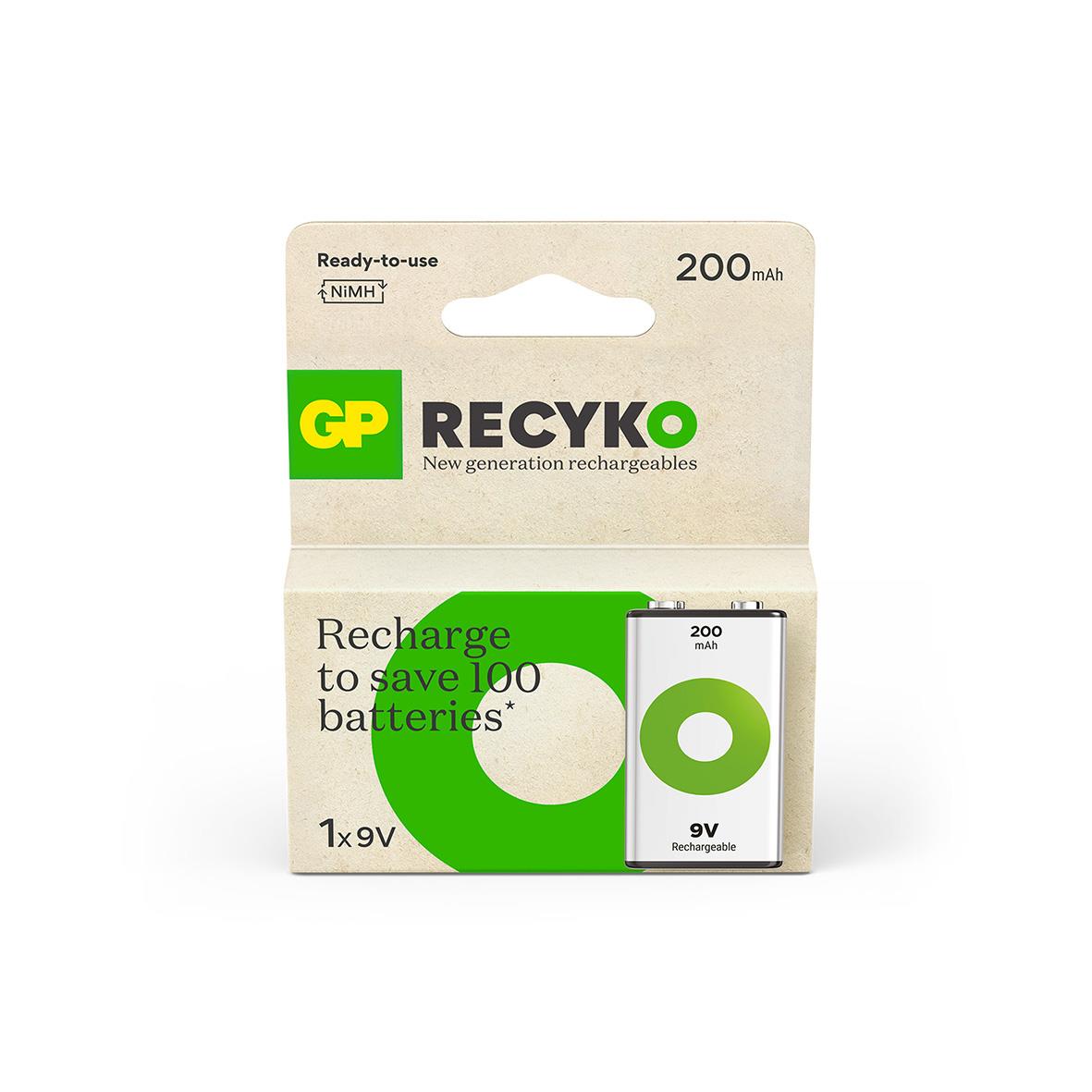 Förpackning med GP Recyko laddningsbart 9V-batteri, 200 mAh