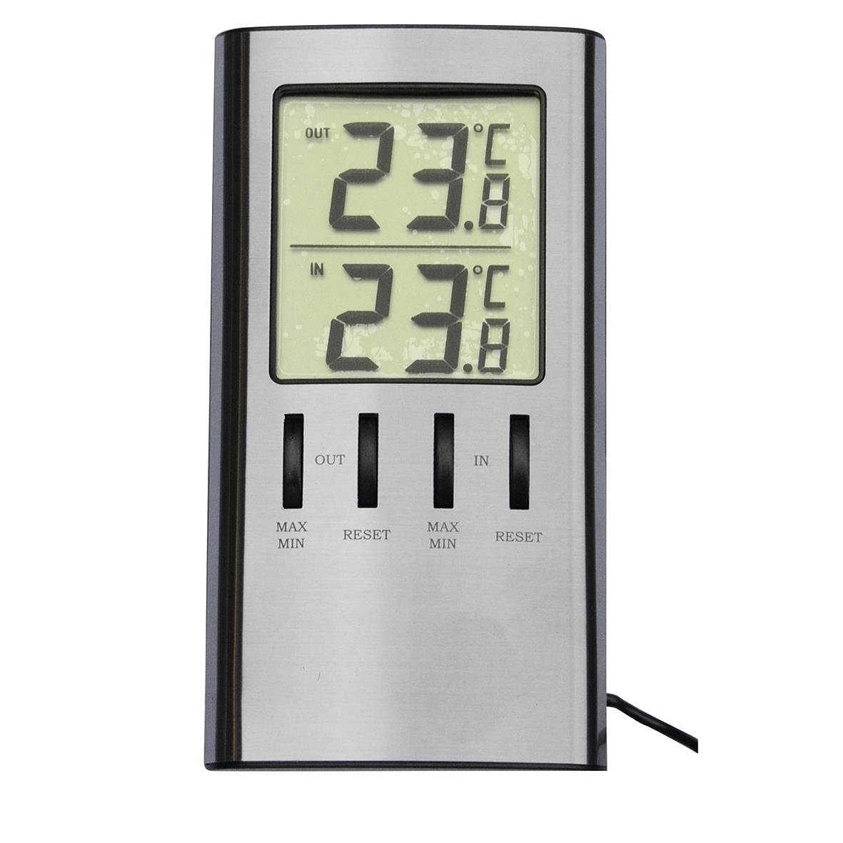 Digitalt termometer Viking med dubbla visningar för utomhus och inomhus temperatur, mäter 12x6,5 cm