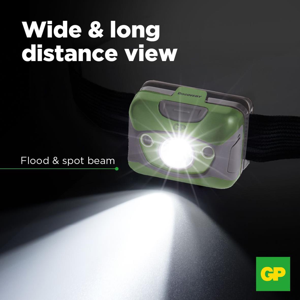 Pannlampa GP CHR41 Discovery LED med bred och lång räckvidd, visar ljuset i mörker