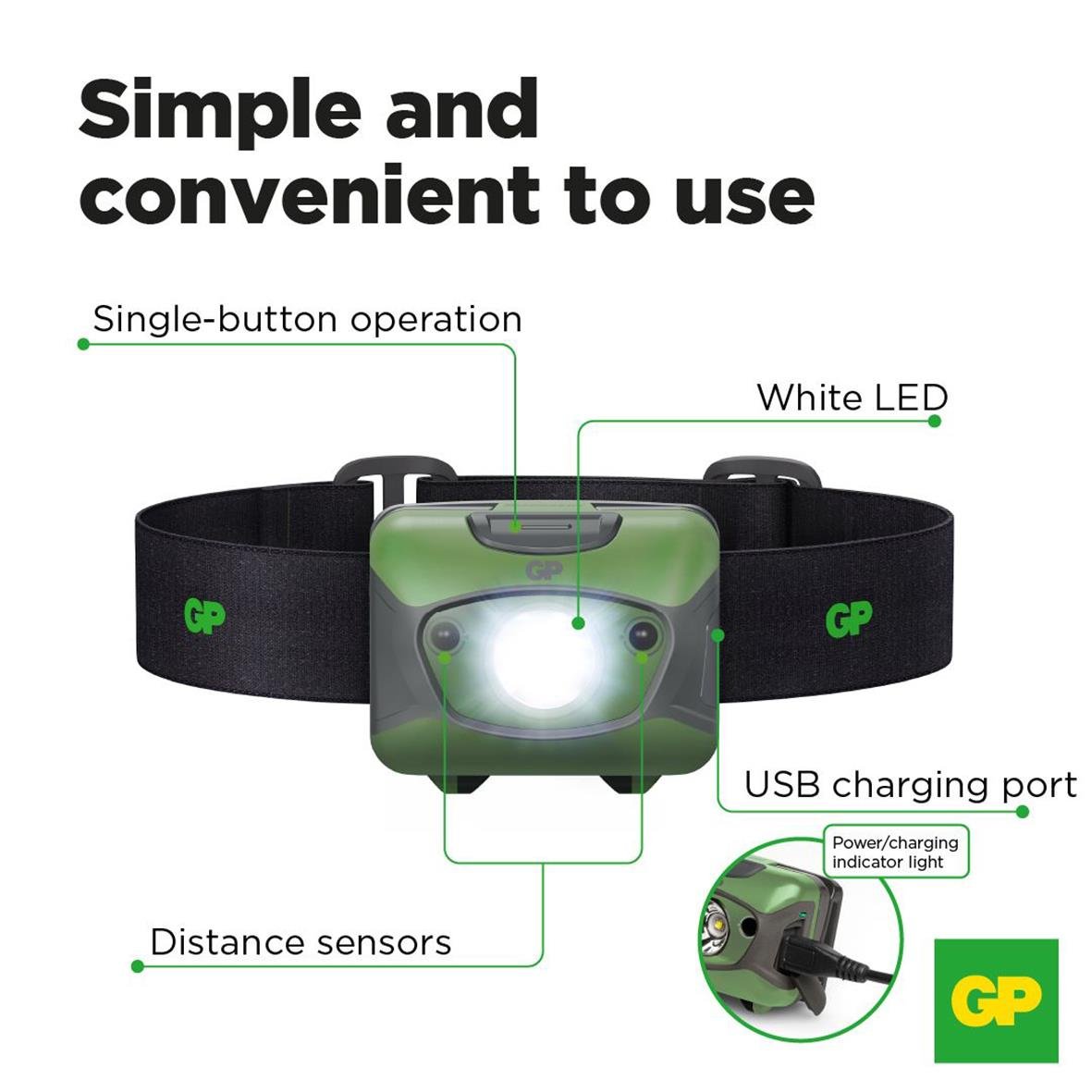 Pannlampa GP CHR41 Discovery LED med enkel knapp, vit LED, USB-laddning, avståndssensor och indikatorlampa