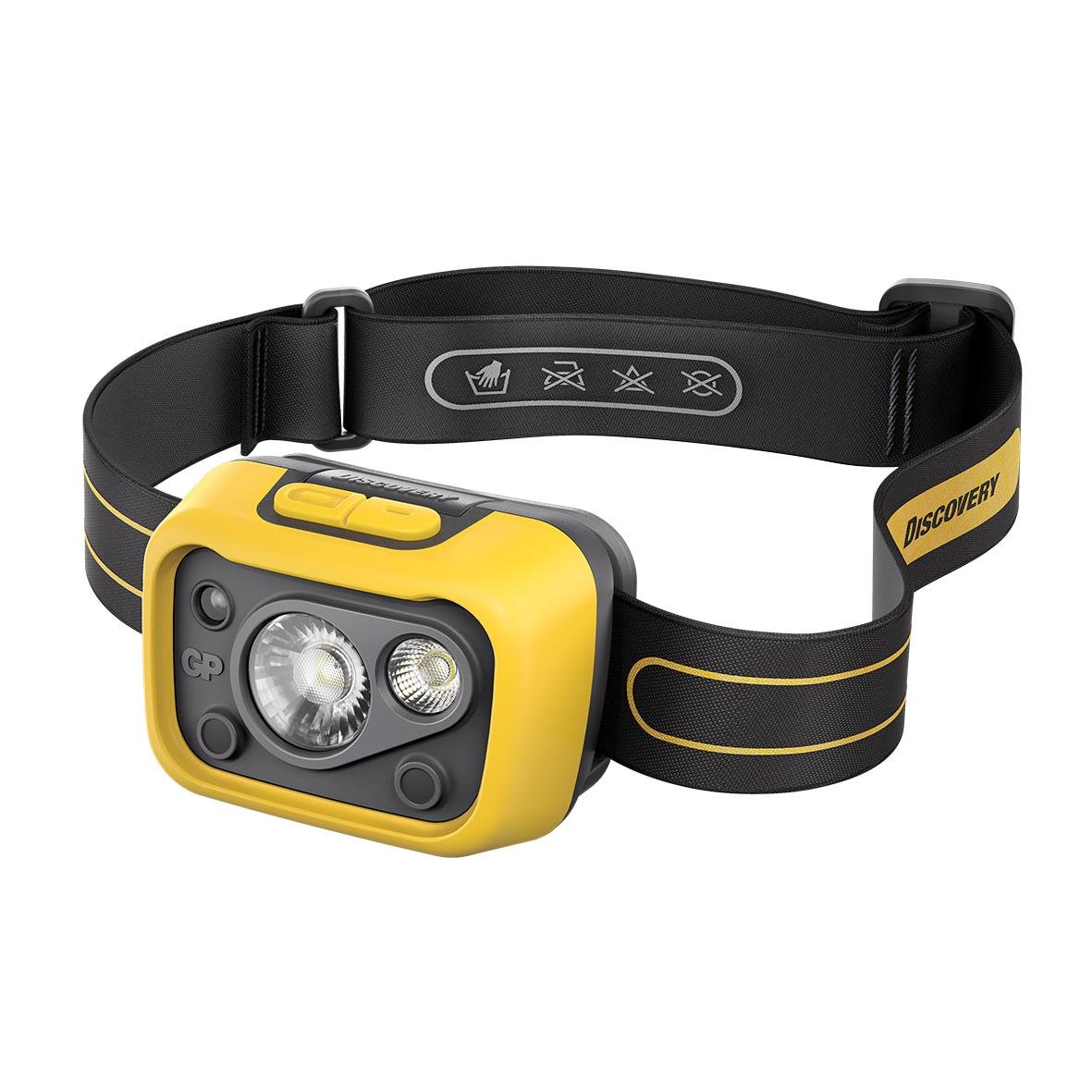 Pannlampa GP Discovery LED CHW53 med 275 lumen, svart och gul, justerbar huvudrem, för utomhusbruk