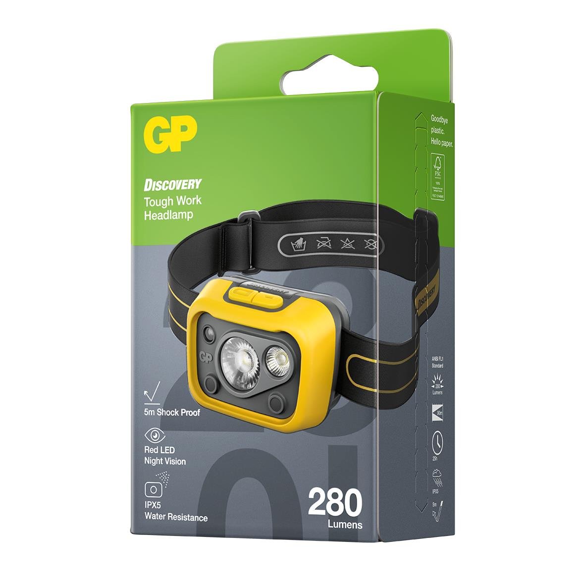 GP Discovery LED pannlampa med 275 lumen, svart och gul, i förpackning