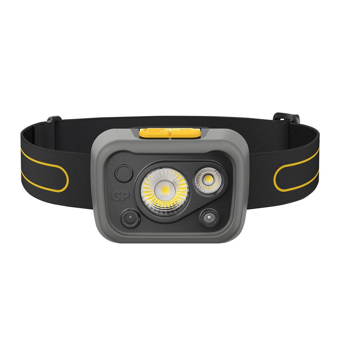 Pannlampa GP Discovery LED CHW54 med 372 lumen, svart och gul rem, frontvy