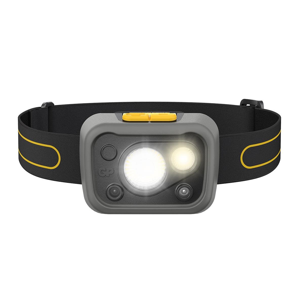 Pannlampa GP Discovery LED CHW54 med 372 lumen, svart band med gula detaljer