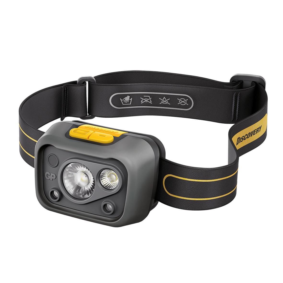 Pannlampa GP Discovery LED CHW54 med 372 lumens och justerbart huvudband