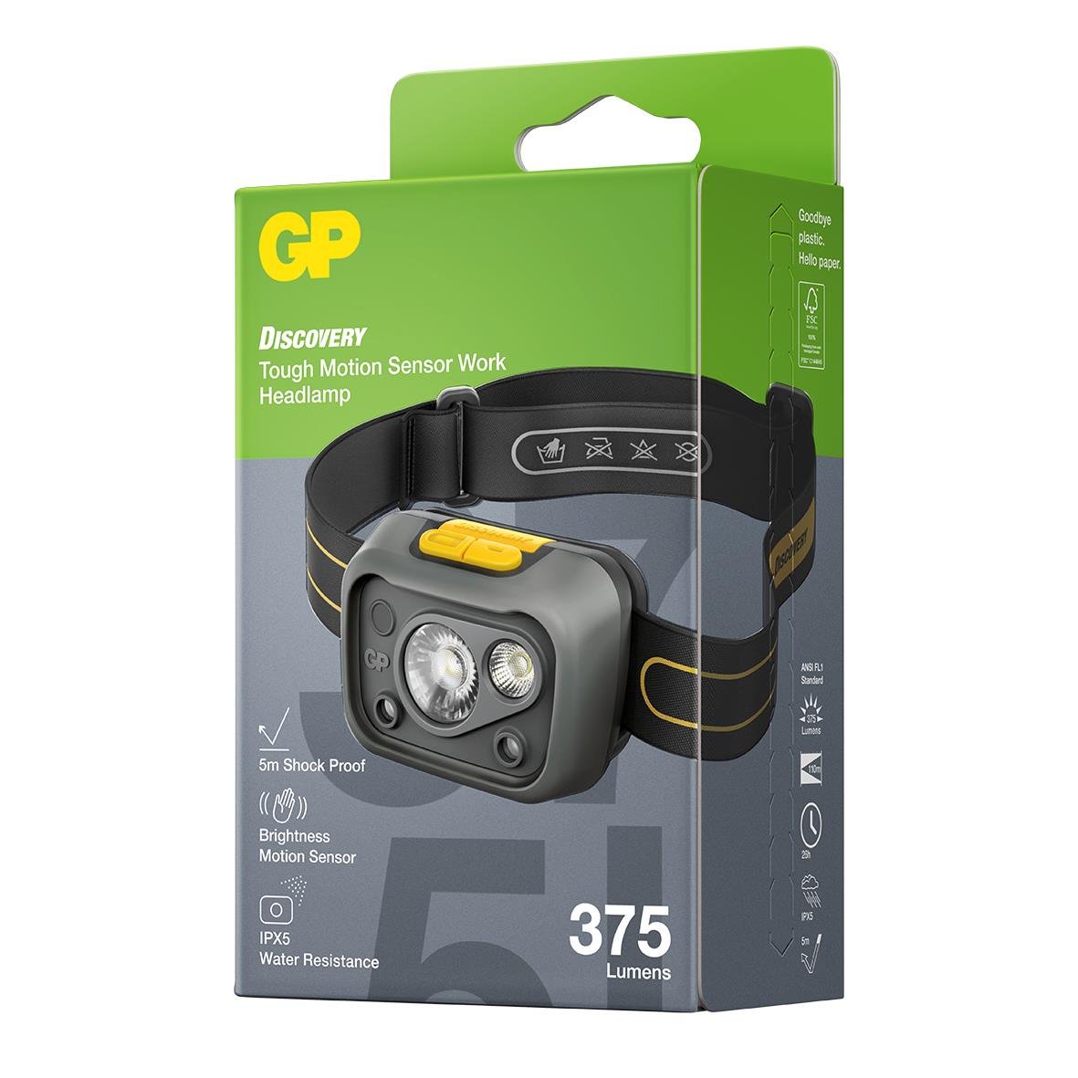 GP Discovery LED pannlampa med 372 lumen, svart och gul, för utomhusbruk