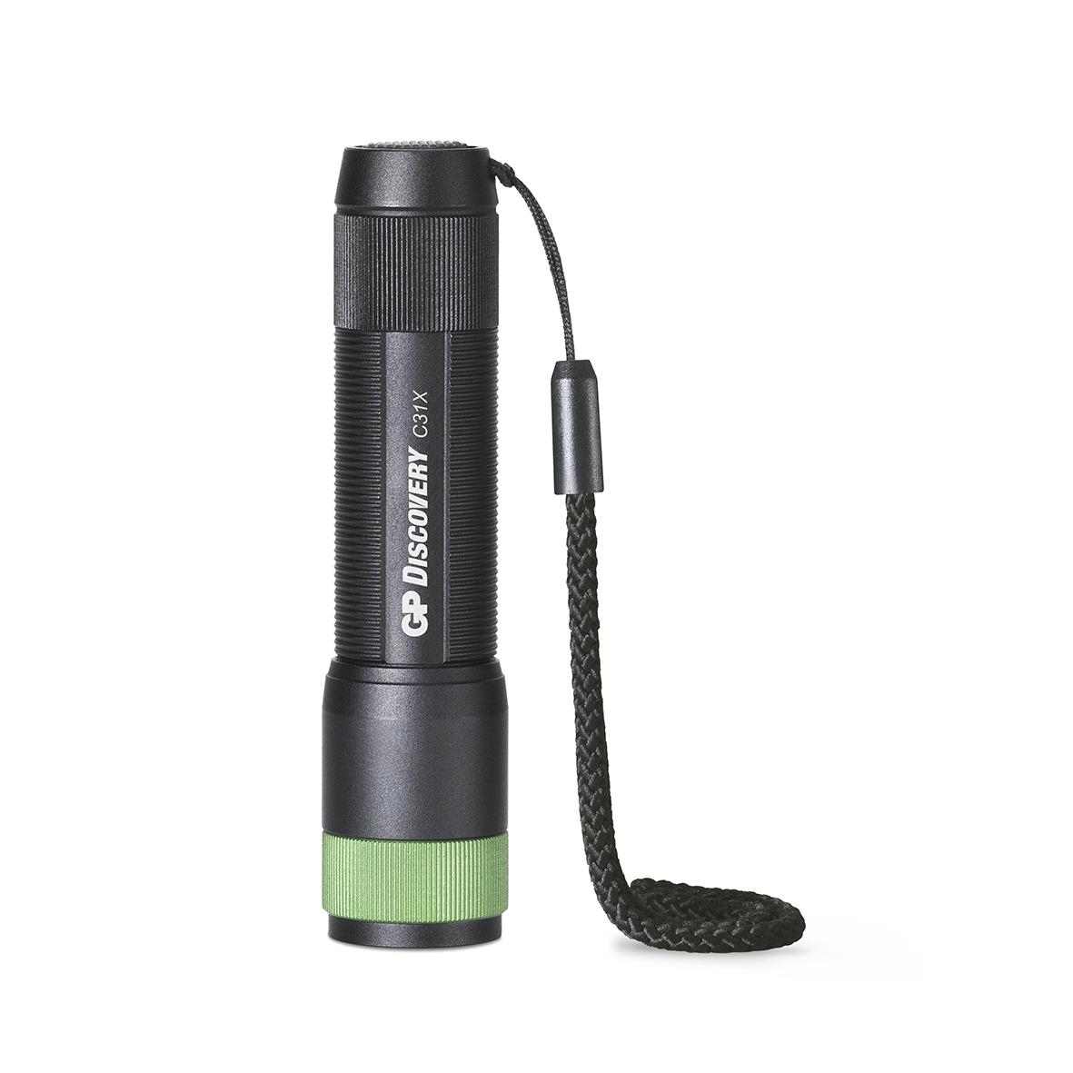 Ficklampa GP Discovery LED C31X i svart med grön detalj och handledsrem