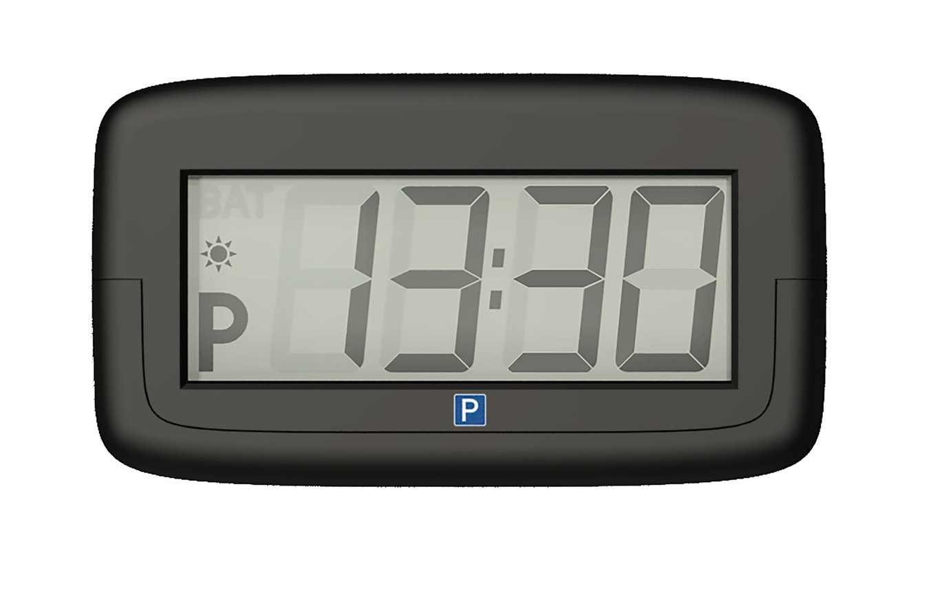Elektronisk parkeringsskiva med digital tid och parkeringssymbol