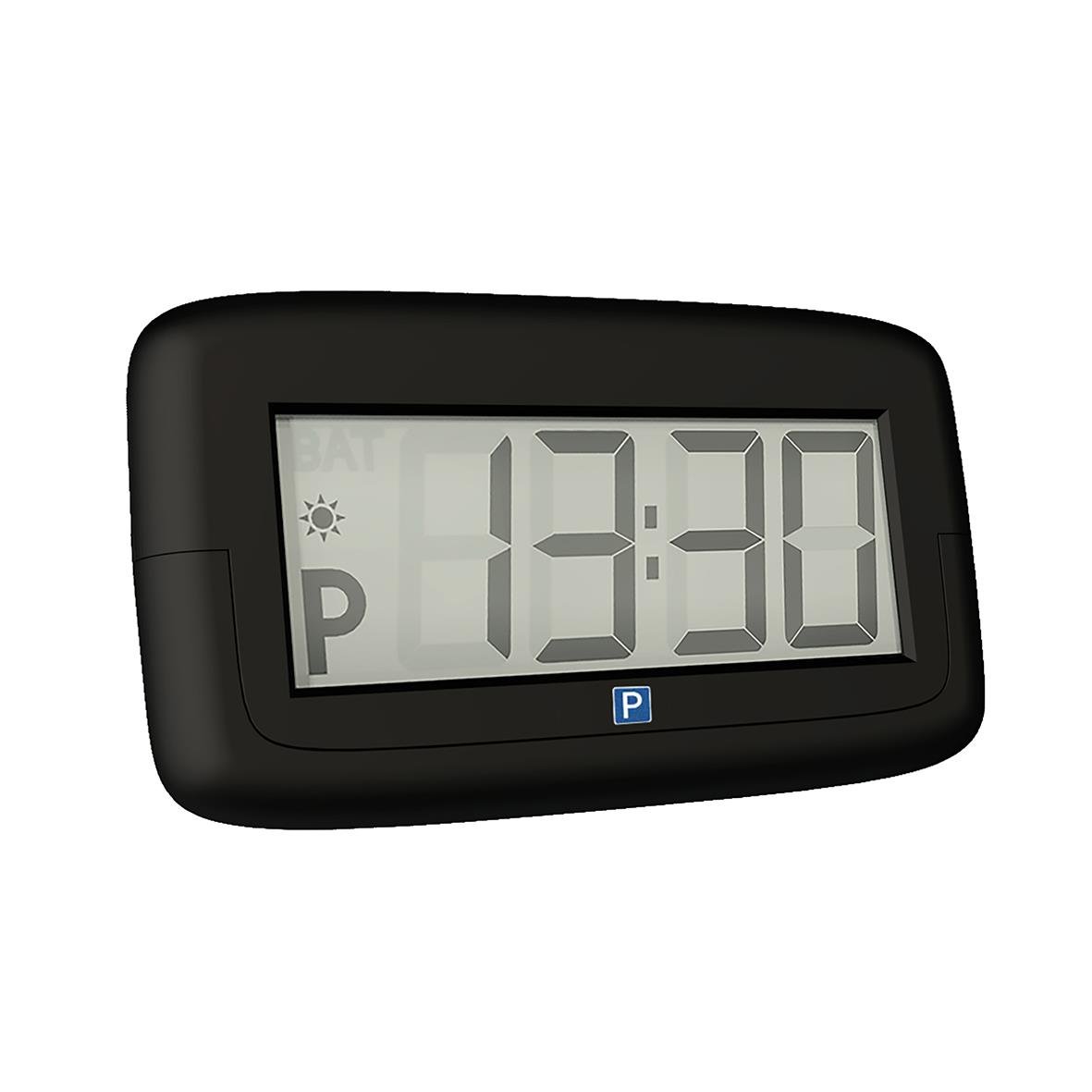 Elektronisk parkeringsskiva med digital display som visar 13:30 och parkeringssymbol