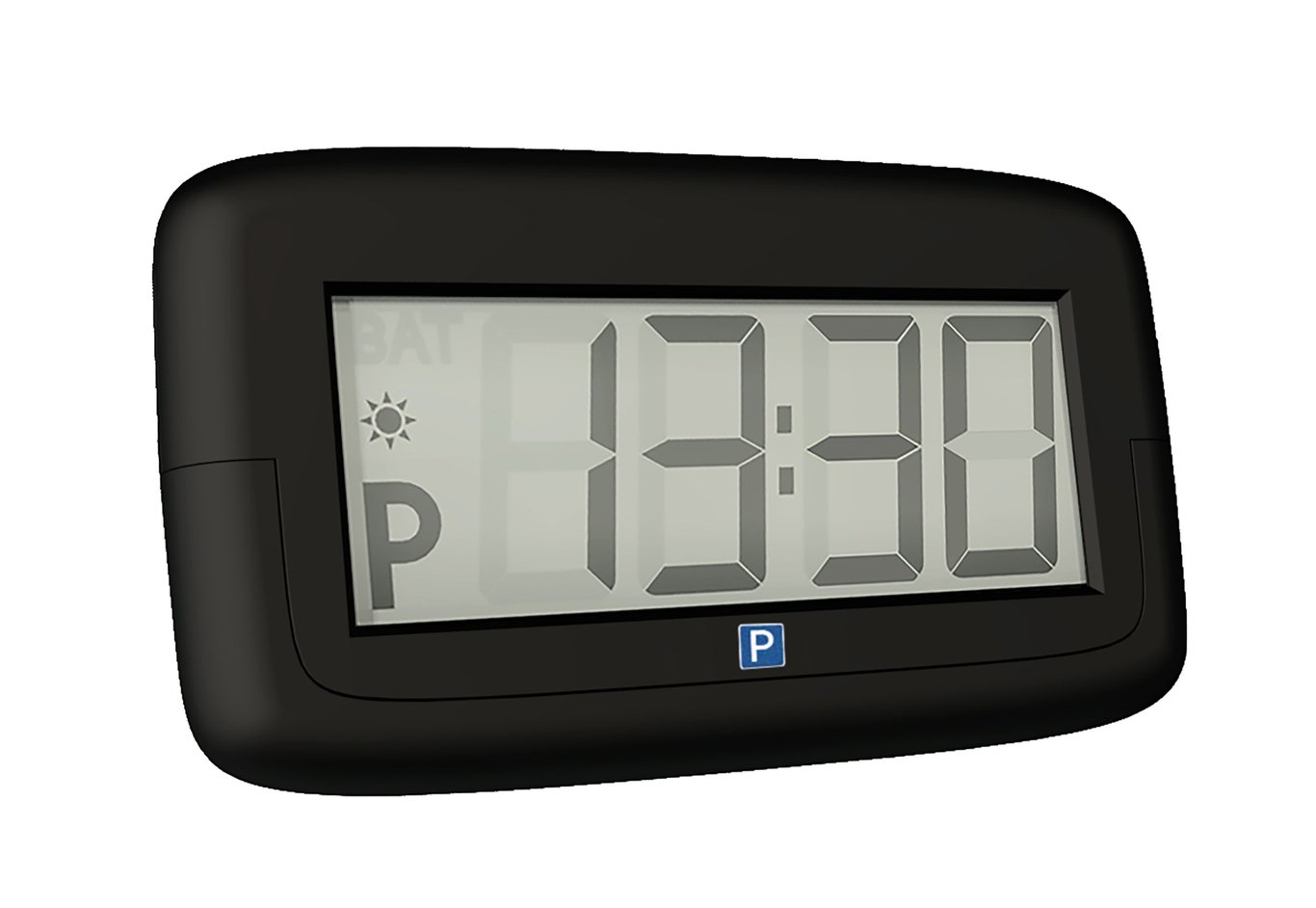 Elektronisk parkeringsskiva med digital display som visar 13:30 och parkeringssymbol