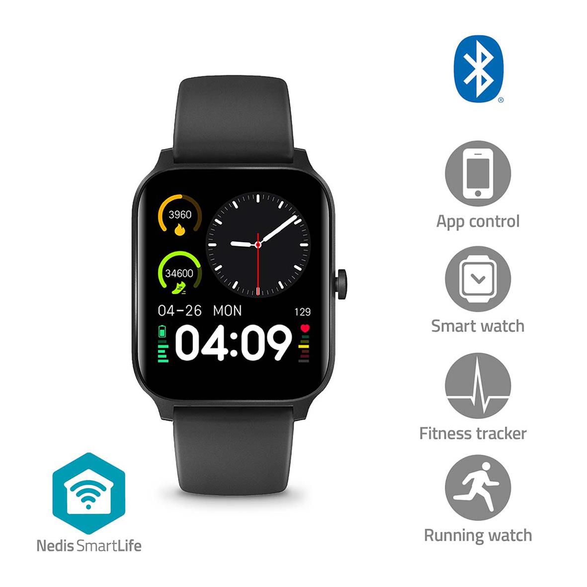 Smartklocka Nedis SmartLife med Bluetooth, appstyrning, fitness tracker och löparfunktion
