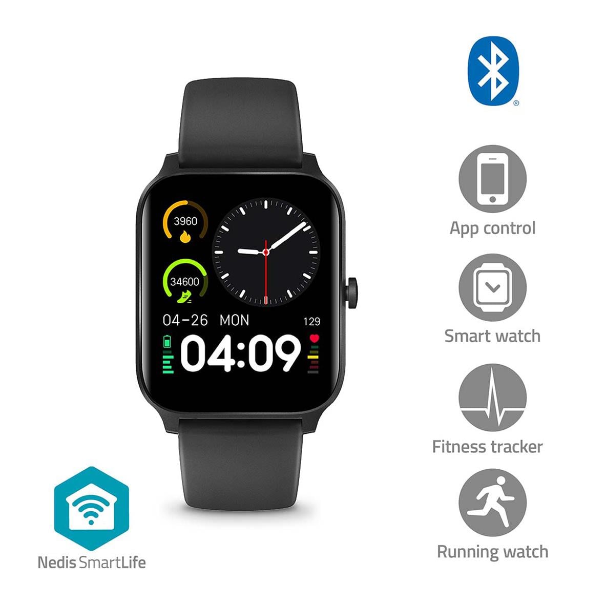 Smartklocka Nedis SmartLife med Bluetooth, appstyrning, fitness tracker och löparfunktion