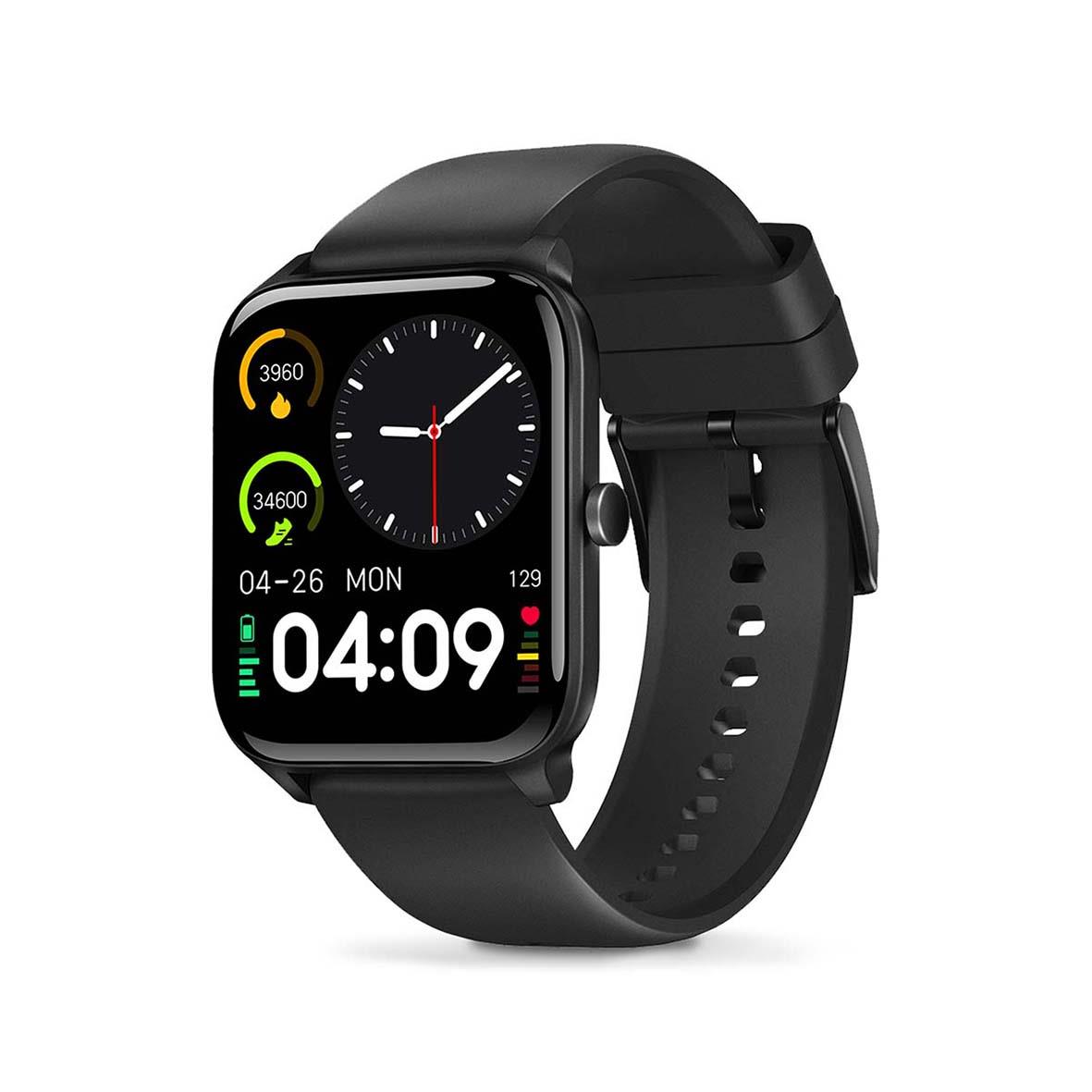 Nedis SmartLife-klocka med svart band och digital display som visar tid, steg och hälsodata