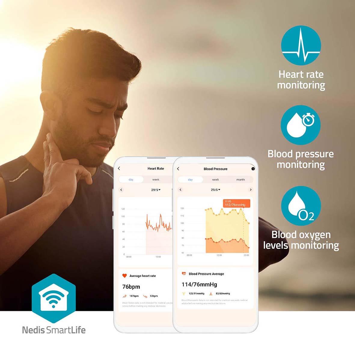 Man som använder Nedis SmartLife-klocka för att övervaka hjärtfrekvens, blodtryck och syrenivåer