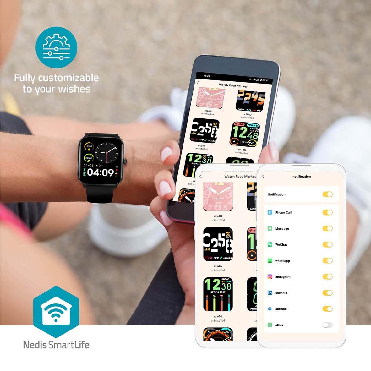 Klocka Nedis SmartLife och smartphone med app för anpassning och inställningar