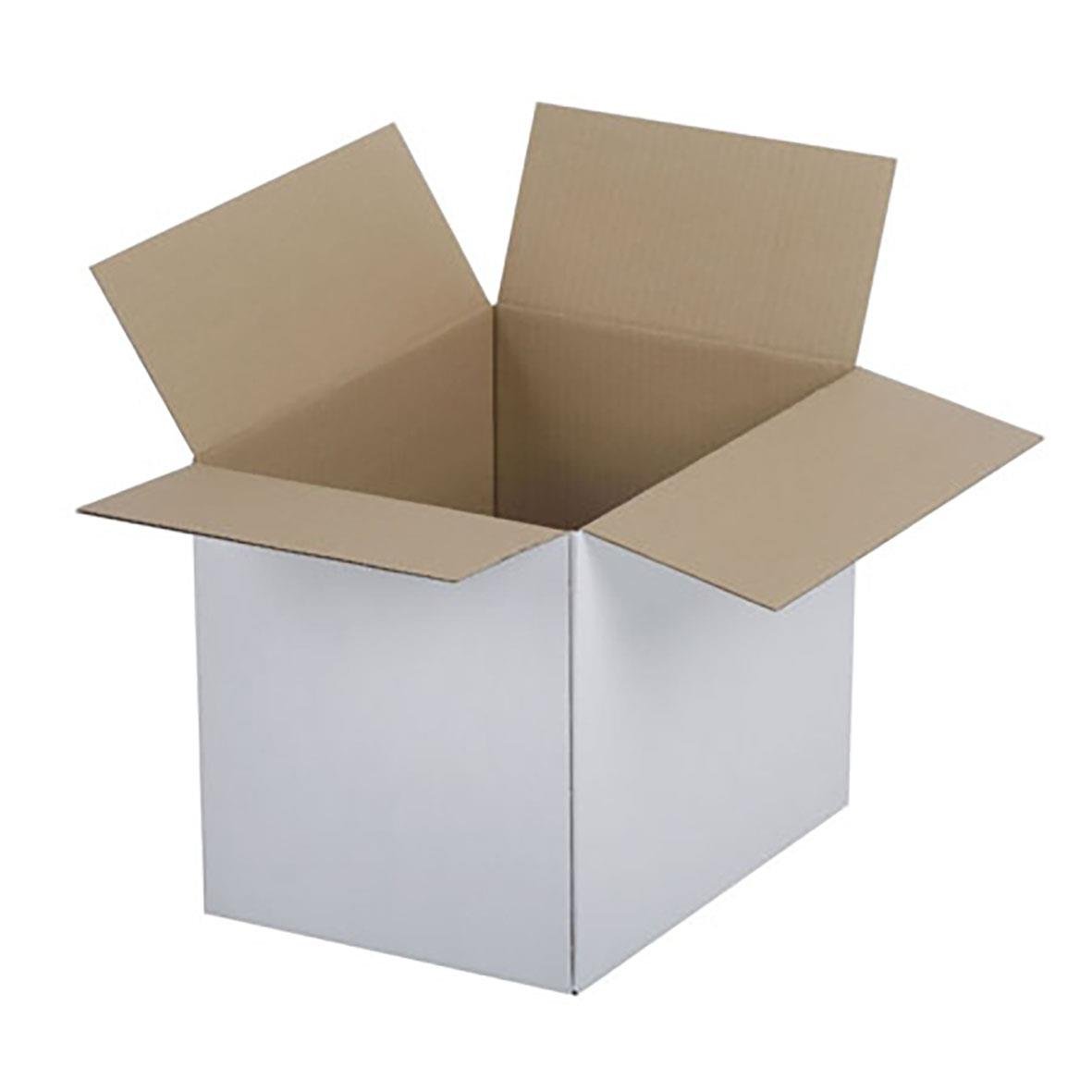 Vit och brun wellpapplåda med öppnade lockar, mått 305x225x250 mm