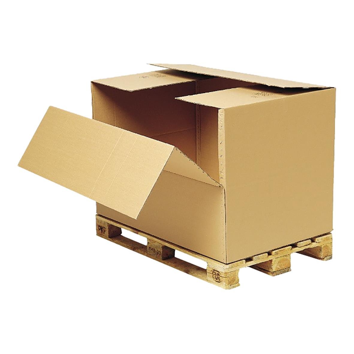 Stor brun Wellcontainer Helpall 7mm på pallar, mått 1180x780x780/400mm