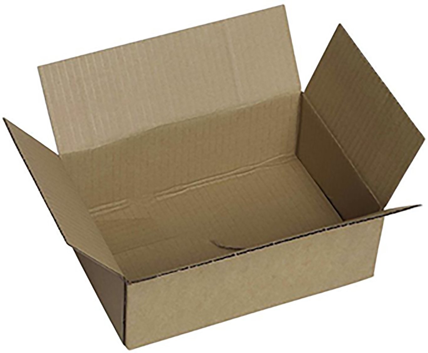 Öppnad brun wellpapplåda med måtten 310x230x100 mm