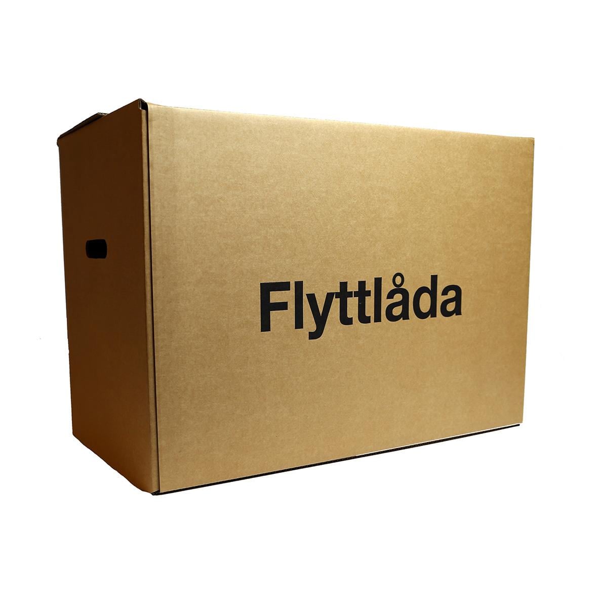 Enkel brun flyttlåda med text Flyttlåda på sidan, mått 580x330x420mm