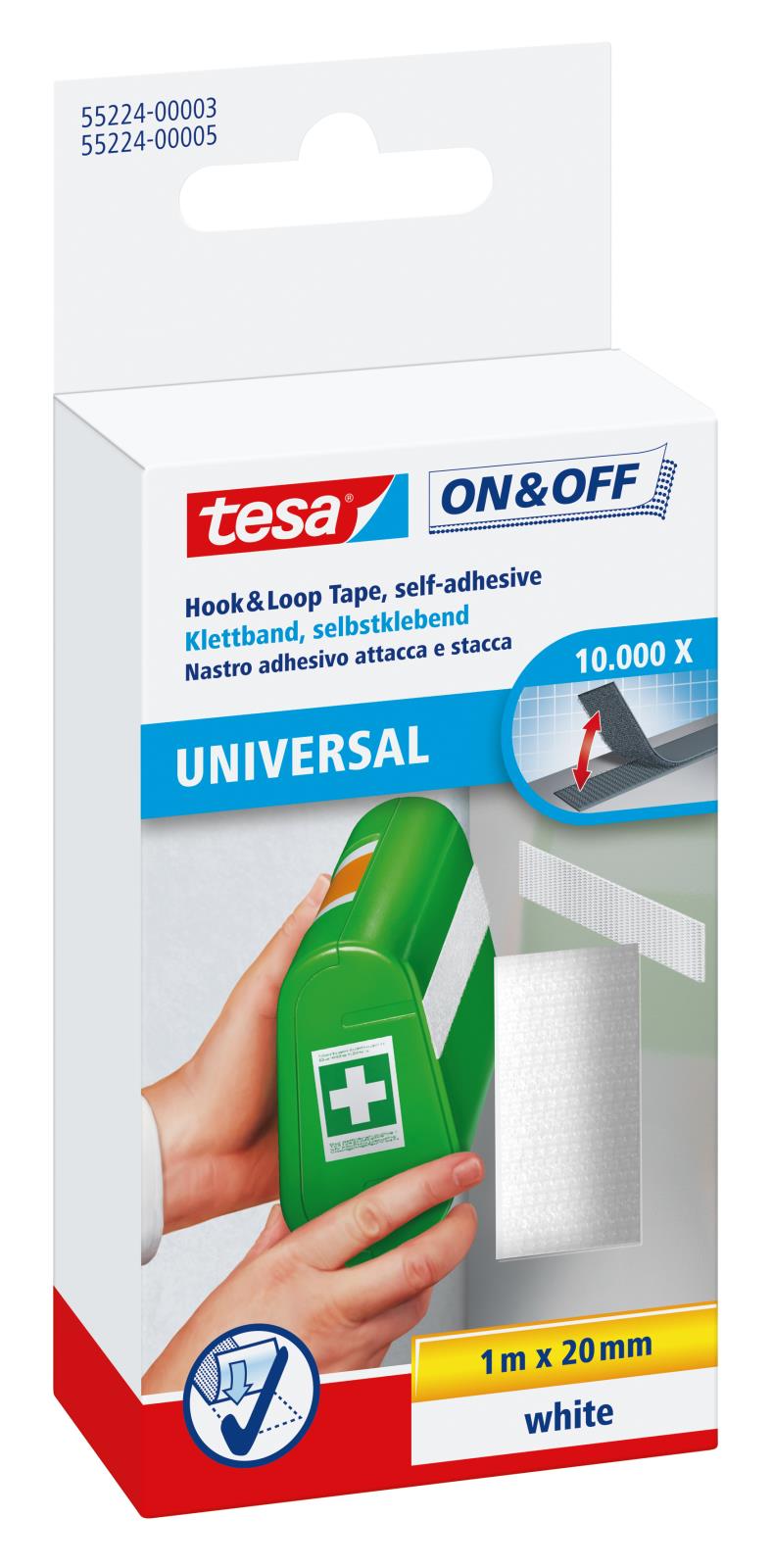 Vit kardborreband Tesa On & Off 20mm x 1m i förpackning