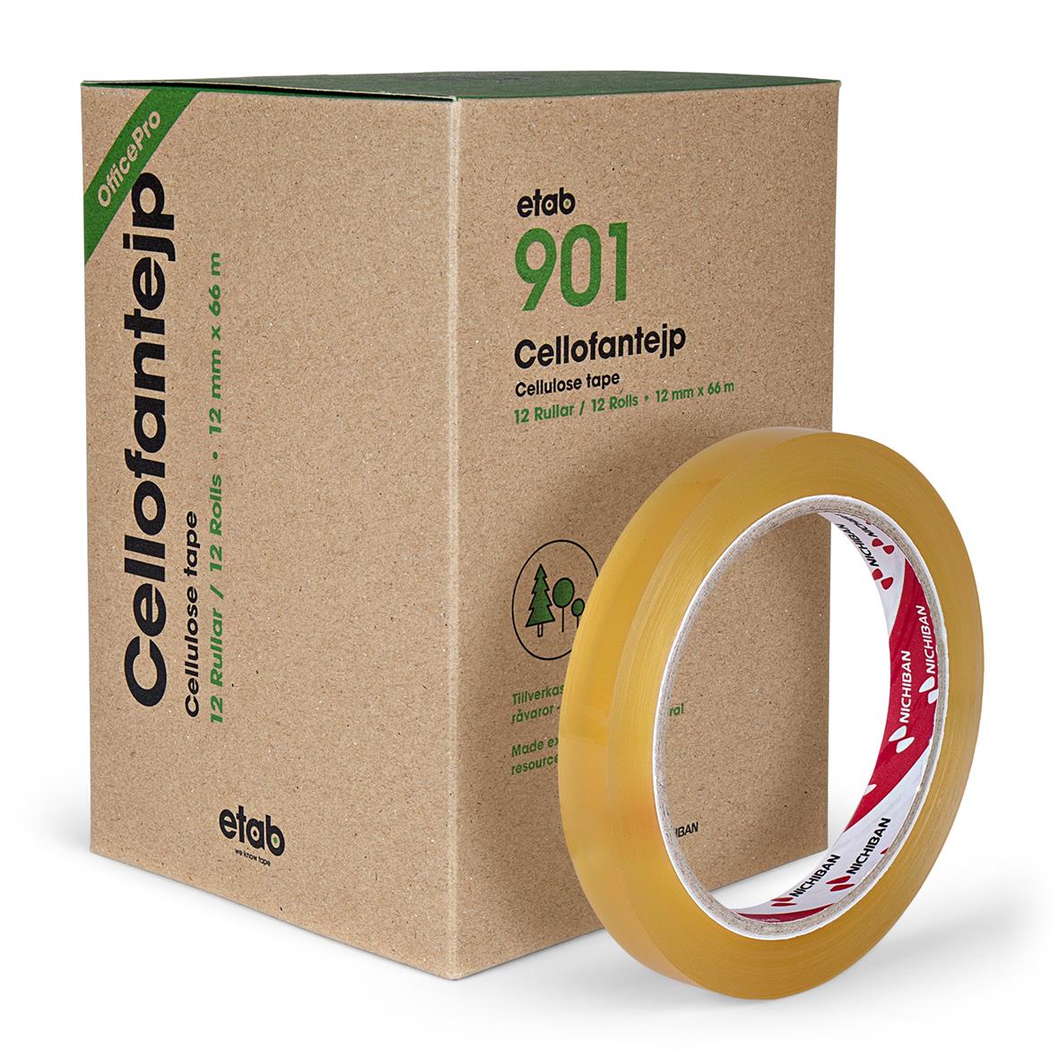 Kontorstejp Nichiban 901 Cellofan 12mm x 66m i gul roll och kartong