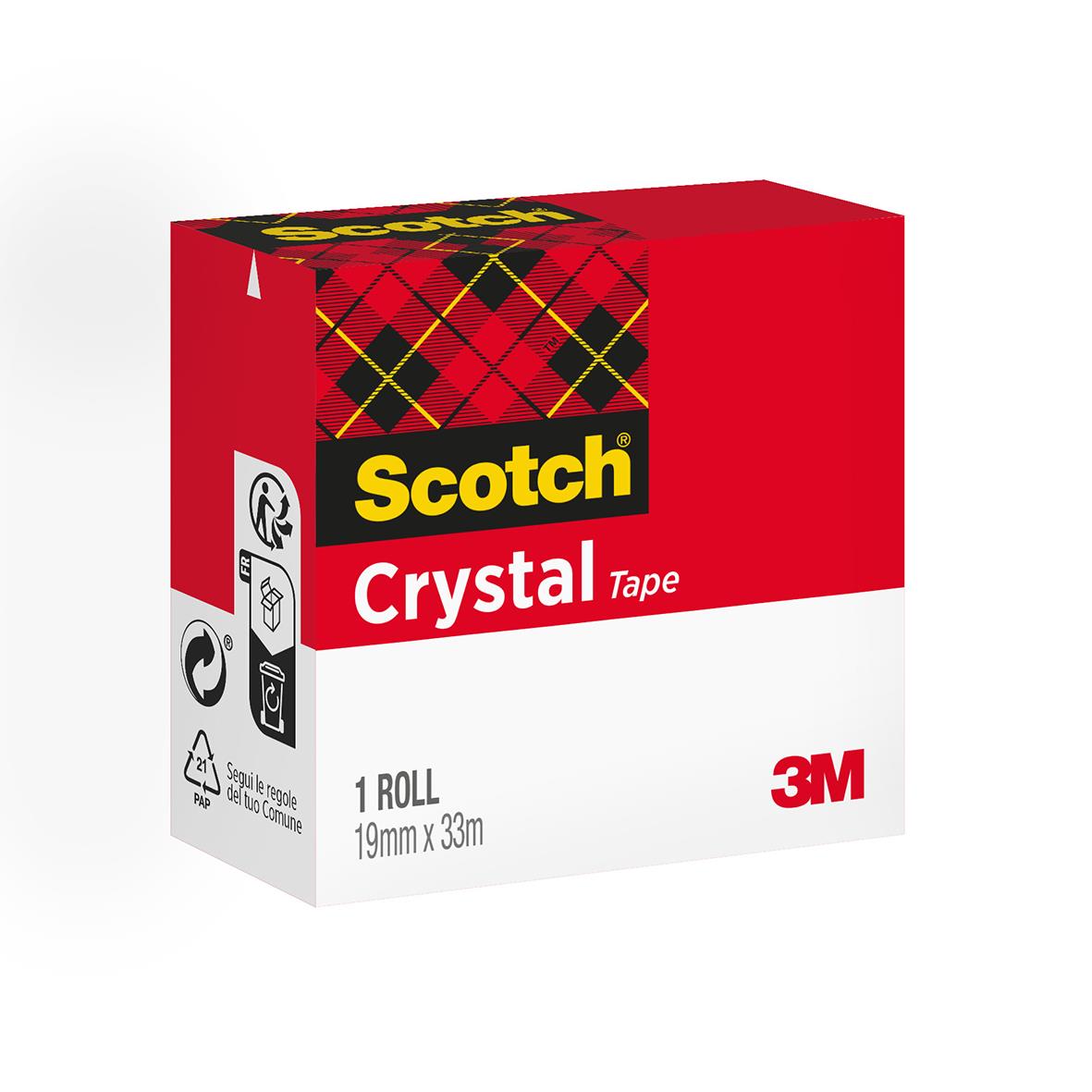 Röd och vit förpackning med Scotch Crystal tejp 19mm x 33m